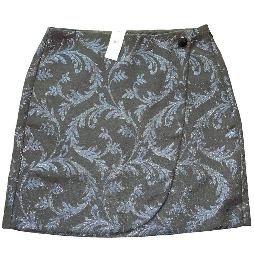 Loft Black Mini Blue Fronds Embossed Jacquard Lined Skirt size 6